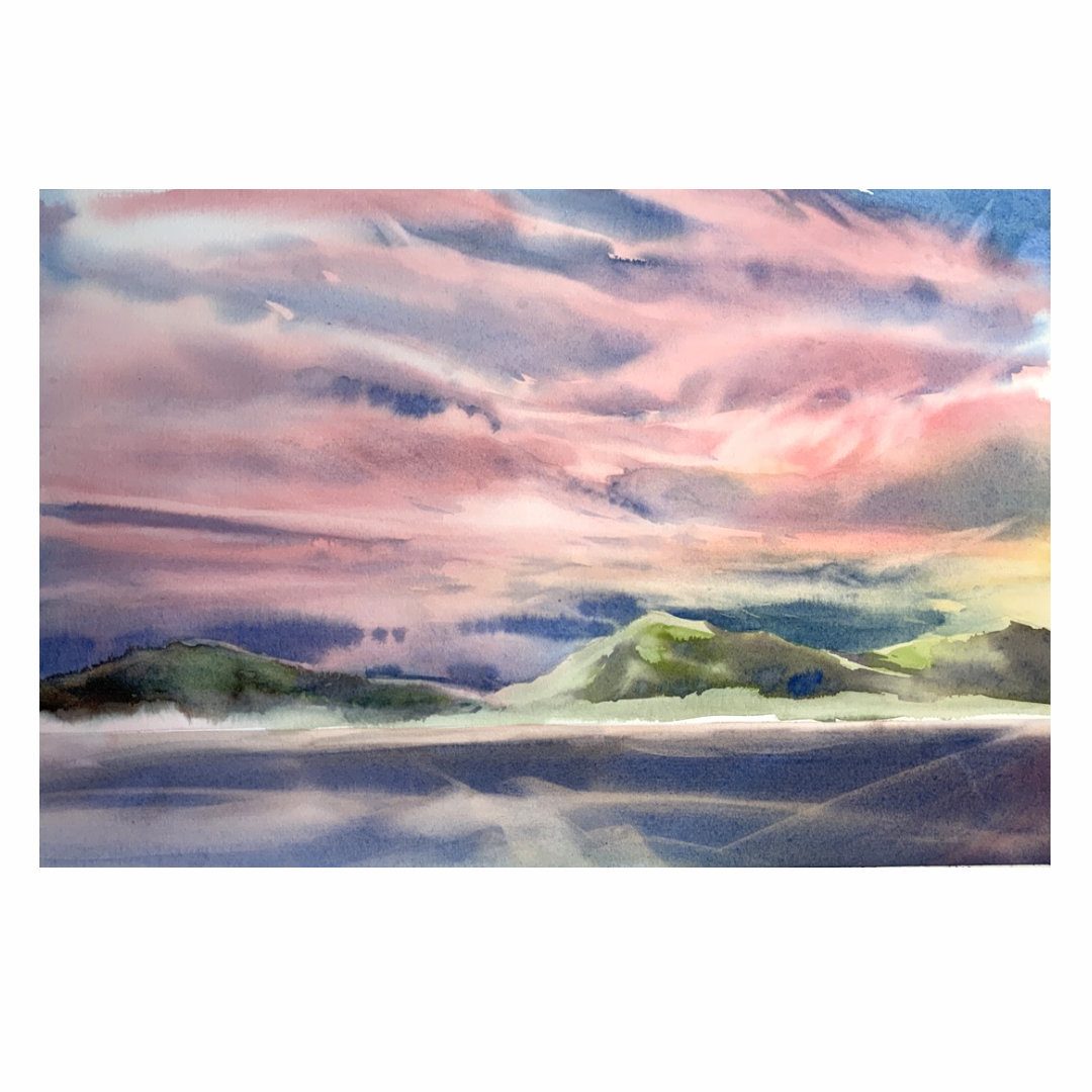 Watercolour Red Sky over the Bay - Archival Print