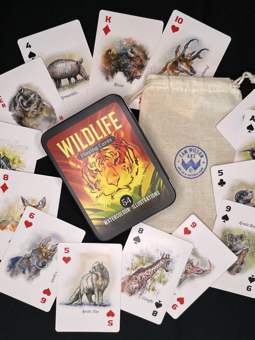 illustrated playing cards of wildlife with carrying pouch and gift case